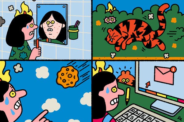 An illustration with four panels showing a woman with short, black hair feeling similarly stressed by a variety of situations. Some are real threats to her life like an asteroid and a tiger on the loose, and others are existential dread while looking in the mirror and feeling anxious from getting an email notification. 